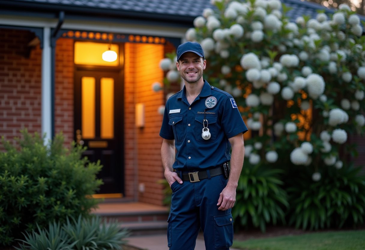 Locksmith opening a Federation home's front door at dusk — Schofields